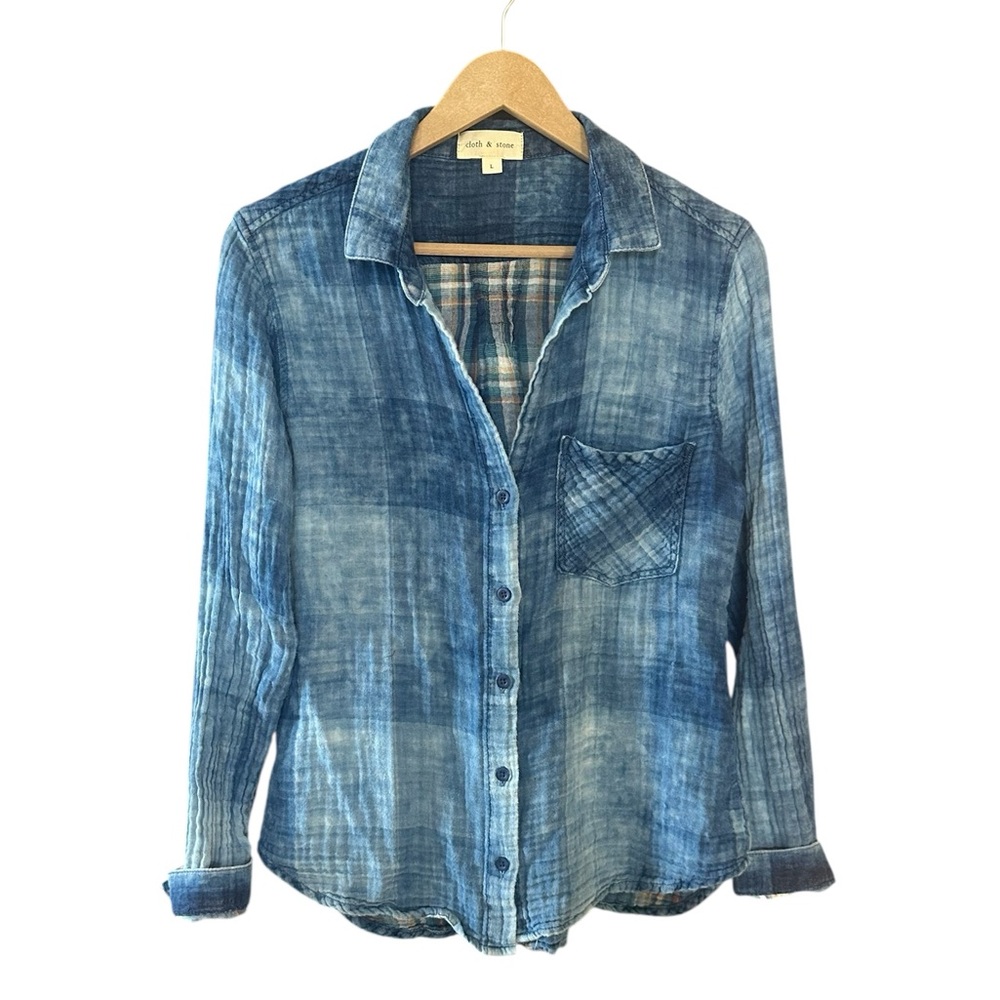Cloth & Stone Double Plaid Button Down Anthropologie "Blue Multi" Colorway Sz  L